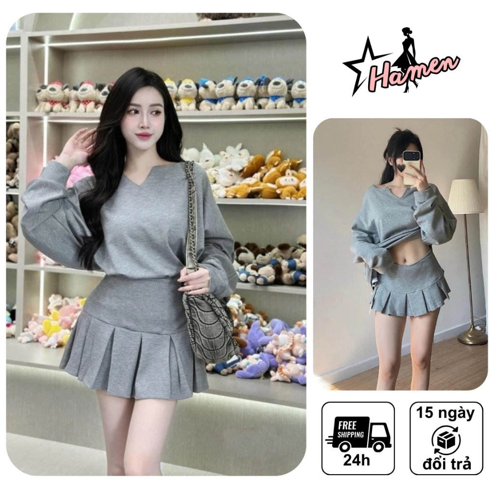[ ẢNH THẬT] Set VÁY nữ - Áo thun dài tay cổ sẻ mix với chân váy sếp ly cạp cao chất umi co dã tốt