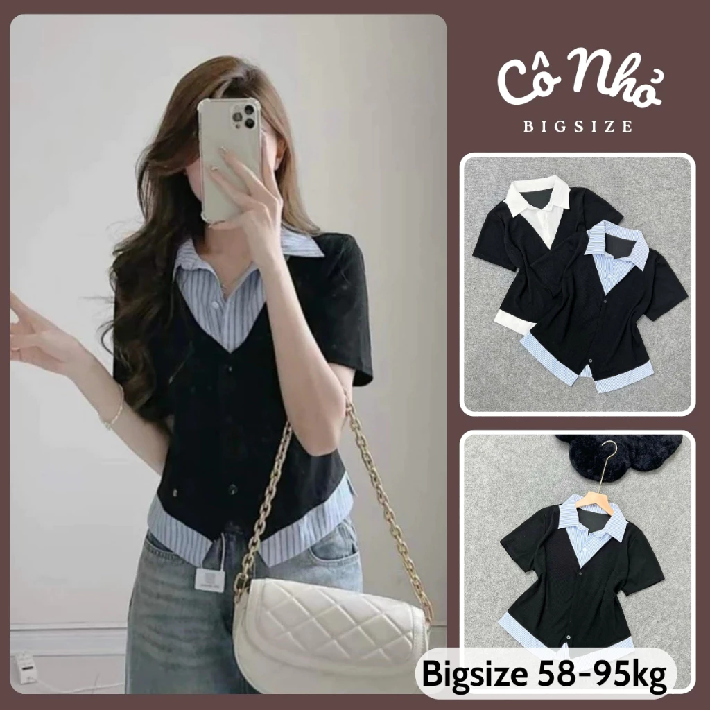 Áo Sơ Mi Bigsize Nữ Tay Ngắn Kiểu Giả Hai Lớp Vải Xoa Kẻ Sọc Phối Nỉ Tăm Cá Tính SM185