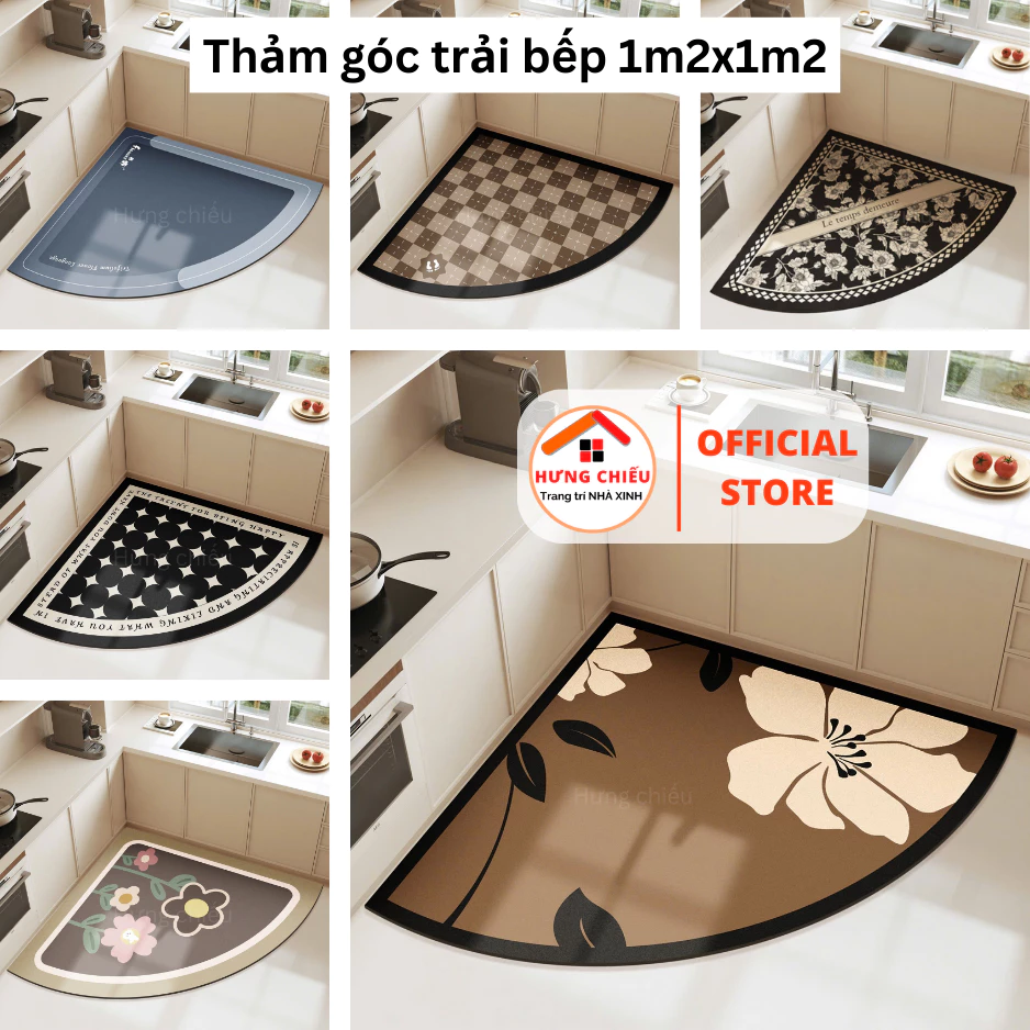 Thảm góc, trái tim chùi chân 1m2x1m2 trải bếp thấm hút nước, dầu mỡ đế chống trơn trượt - Hưng Chiếu ED26