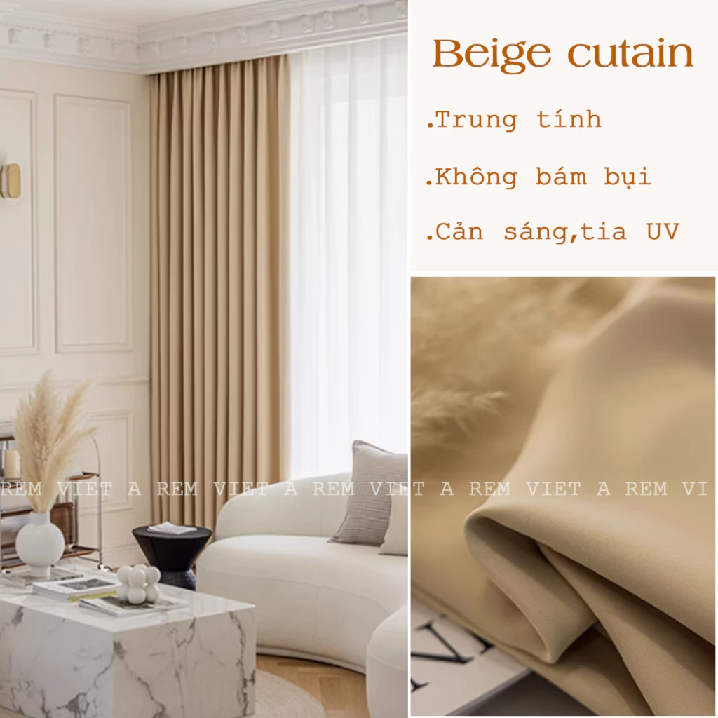Rèm Vải Màu Be - Không Họa Tiết, Chống Bám Bụi, Trang Trí Phòng Khách, Phòng Ngủ, Spa Cực Xinh