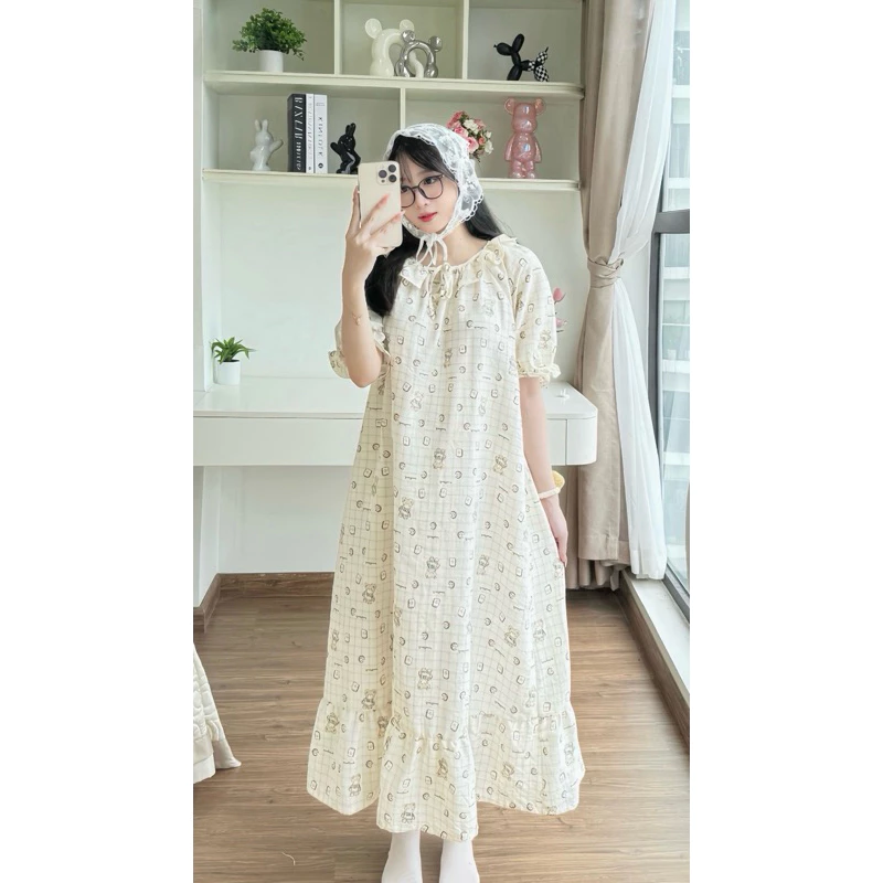 Bộ Váy Ngủ Gấu Nâu Chất Vải Đũi Mềm Chống Nhăn NT8, Dáng Suông Rộng, mặc ở nhà hoặc đi chơi - Đồ ngủ Nana