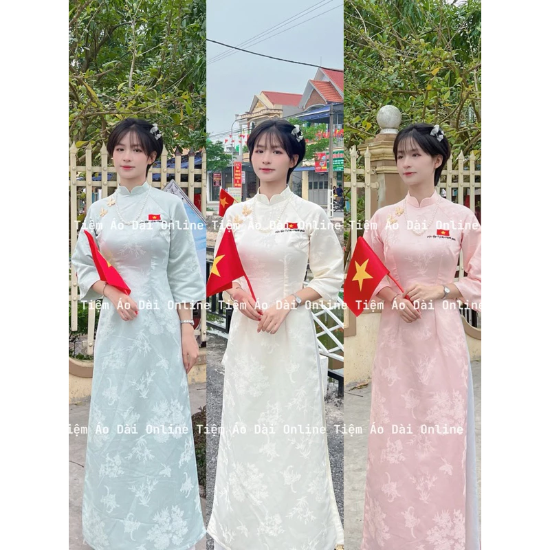 Áo Dài Nữ Cách Tân Thêu Quốc Kỳ Việt Nam Độc Lập - Tự Do - Hạnh Phúc Tay Lỡ Kiểu Dáng Trẻ Trung