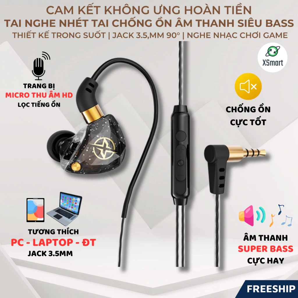 Tai Nghe Dây Nhét Tai Chống Ồn X6 Âm Thanh Siêu Bass Nghe Nhạc, Xem Phim, Tích Hợp Mic, Jack 3.5mm