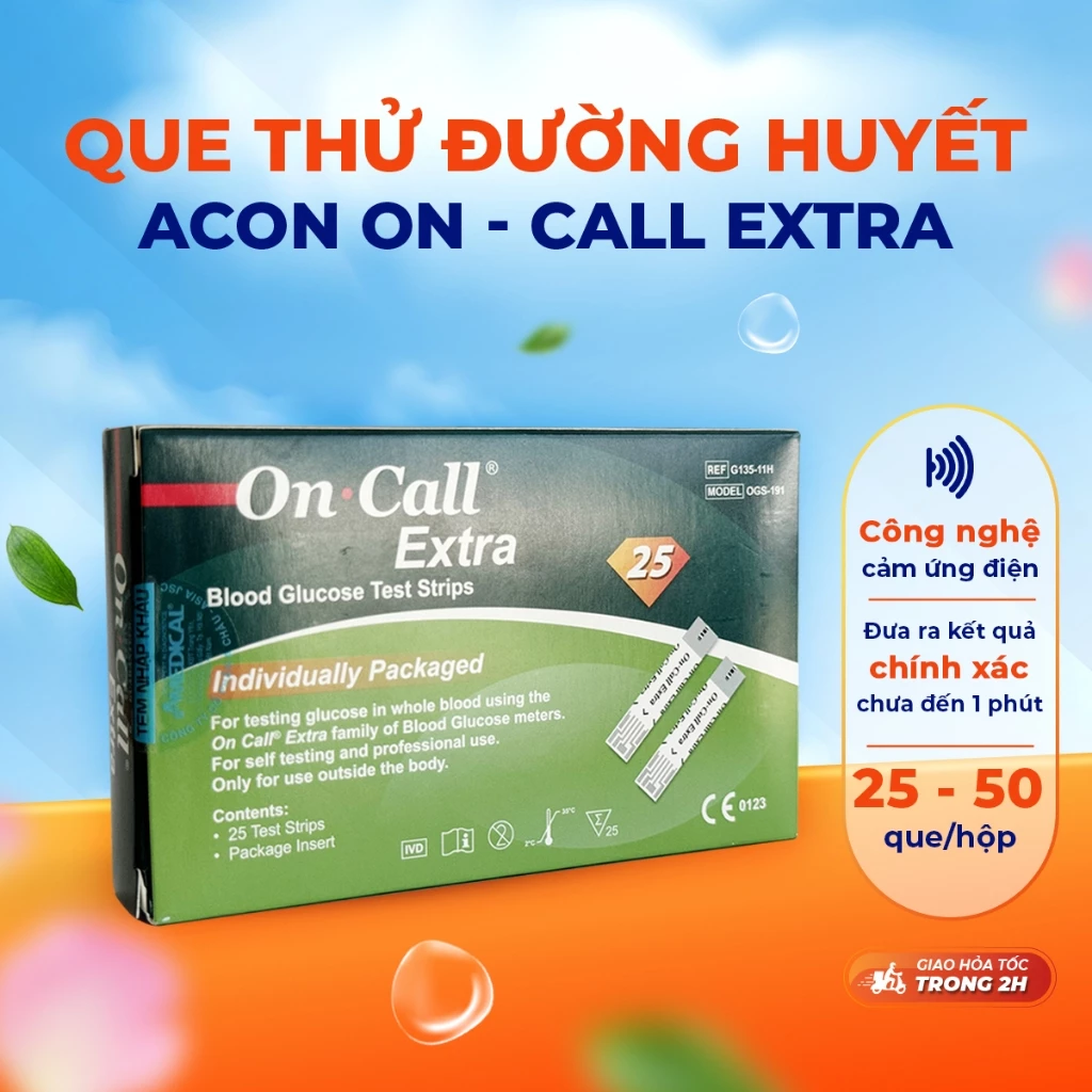 Que thử đường huyết Acon On-call extra 25 que/hộp - Sử dụng cho máy đo đường huyết Acon On-call Extra.