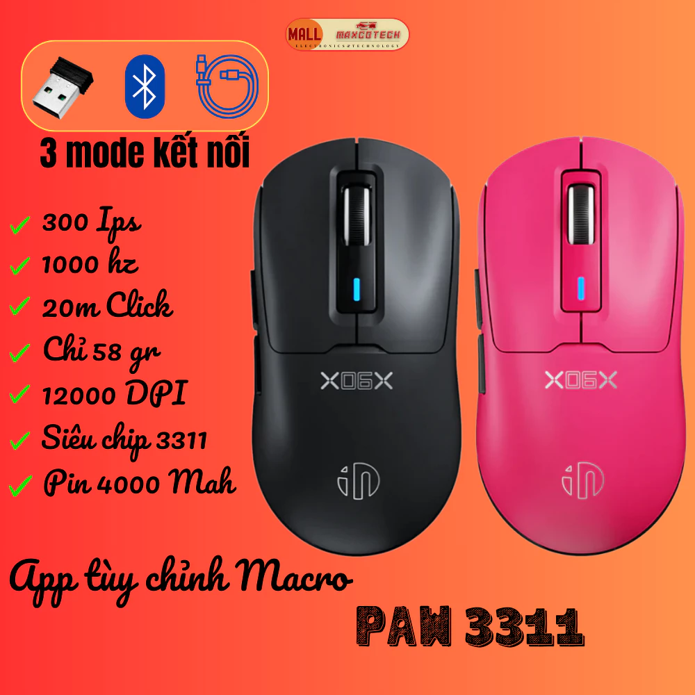 Chuột không dây gaming Maxcotech Inphic IN6-SE Paw 3311 macro game 3 mode kết nối 12000 DPI ,1000HZ pin sạc 400mah