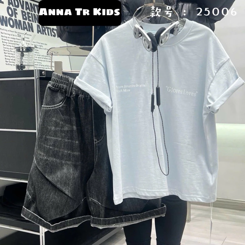 ( Ảnh Thật ) 51530 Áo Thun cotton màu xanh pastel in hình đôi tay phía sau lưng Bé Trai , Gái