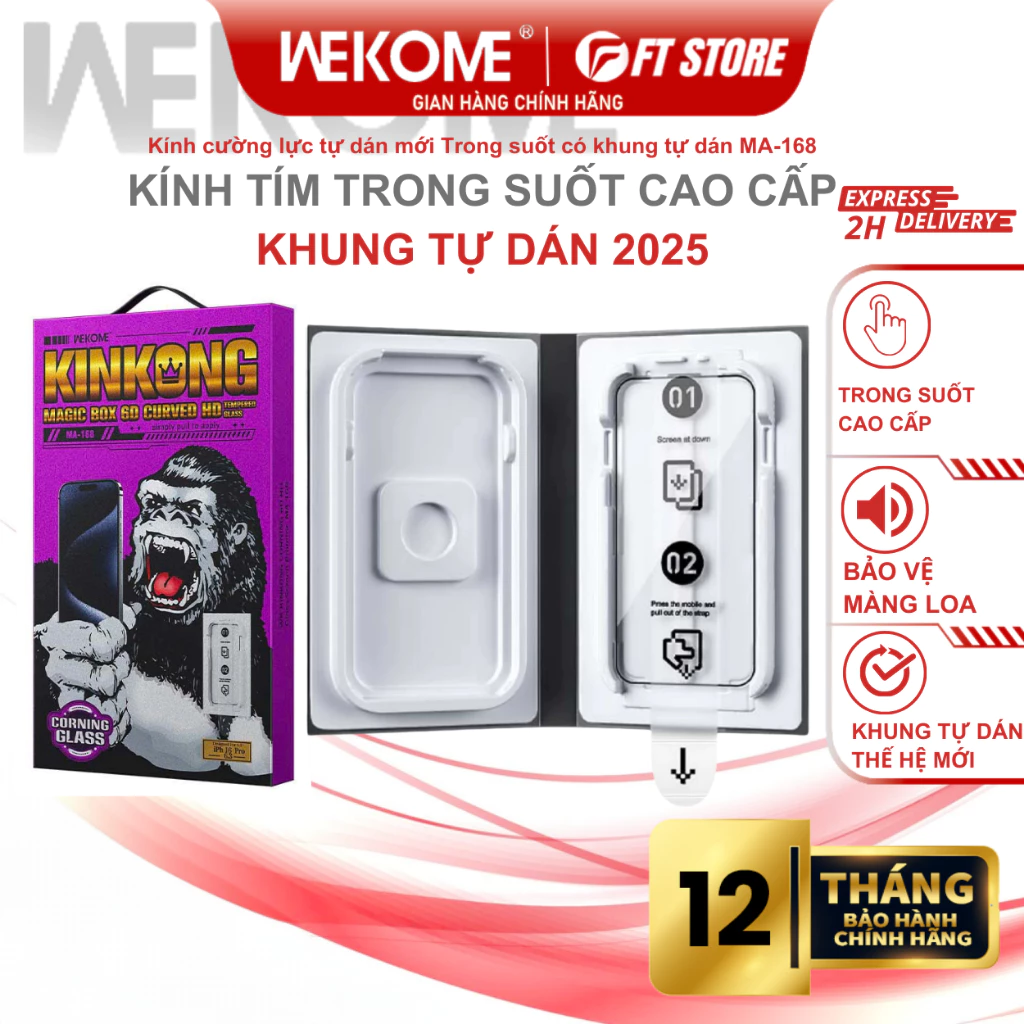 Kính cường lực KINKONG có Khung tự dán MA-168 siêu cứng, trong suốt cao cấp, nguyên liệu USA, corning Glass