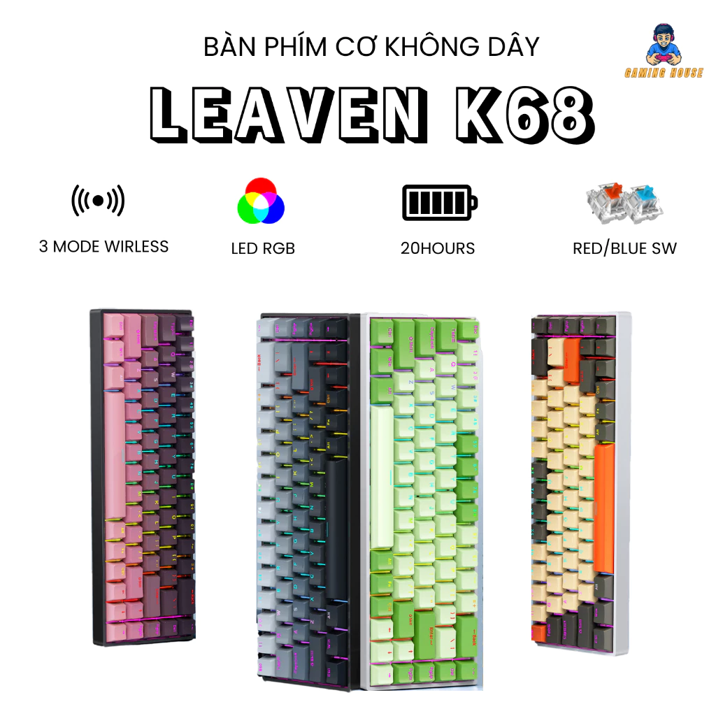 Bàn phím cơ Bluetooth Không dây Leaven K68 - Led RGB - Có hot-swap - Keycap Xuyên LED - Có APP tùy chỉnh