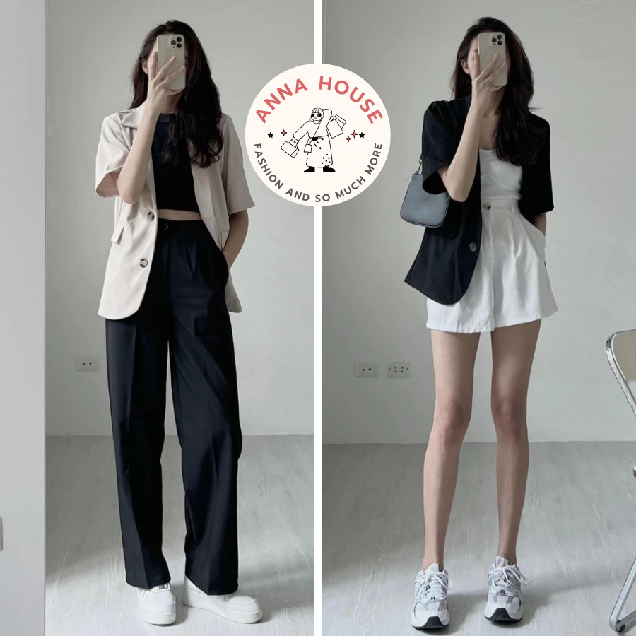 Áo blazer nữ tay ngắn ANNA HOUSE dáng rộng 1 lớp, áo khoác Blazer nữ ngắn tay cộc form rộng túi nắp màu xanh Hàn Quốc
