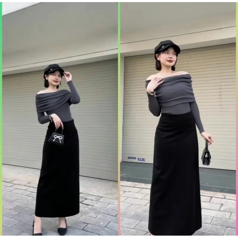 [BIGSIZE] Chân váy chữ A dáng dài midi chất Umi hàn co dãn xẻ tà sau, lung chun dài 88cm