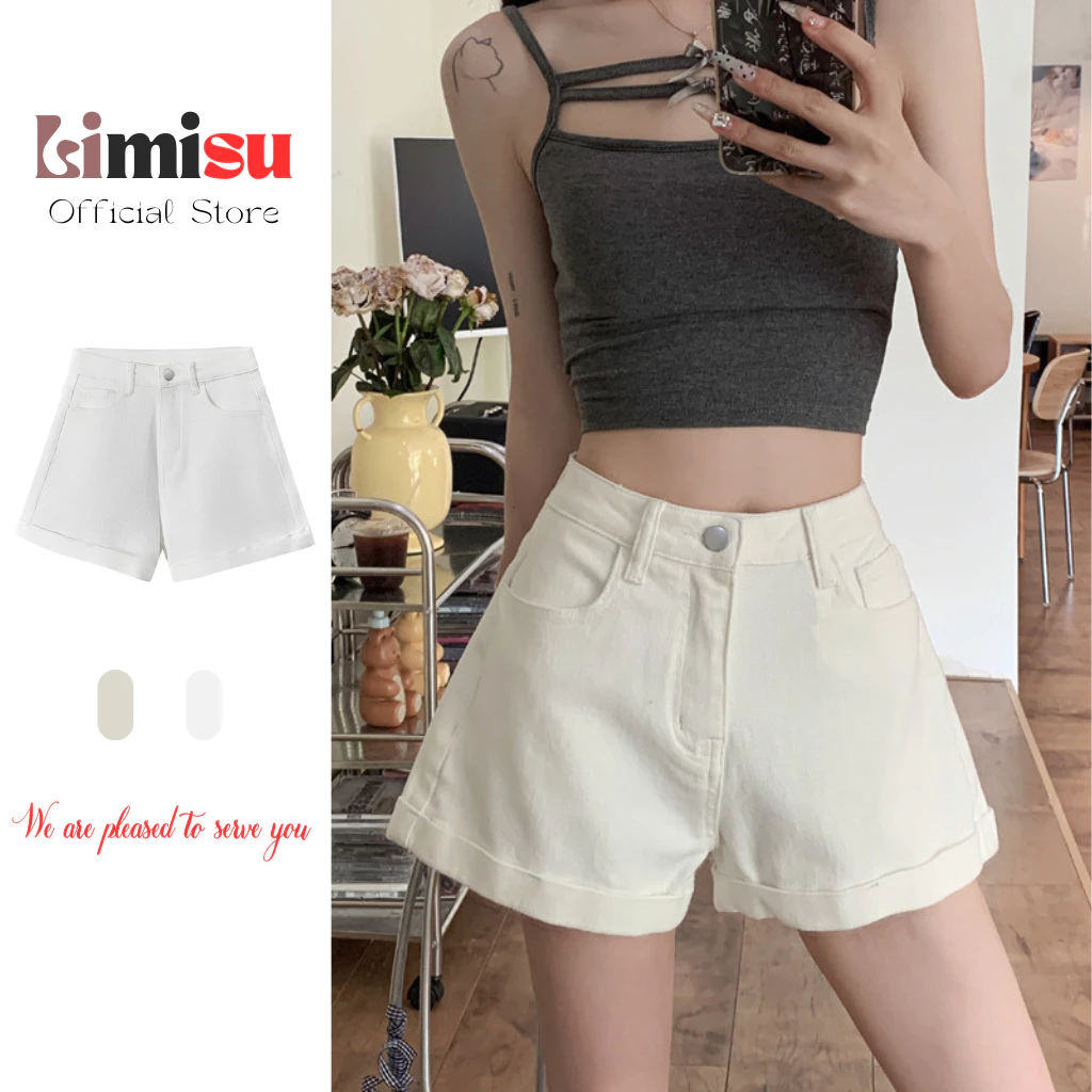 Quần short kaki nữ cạp cao gập gấu LIMISU basic from chữ A