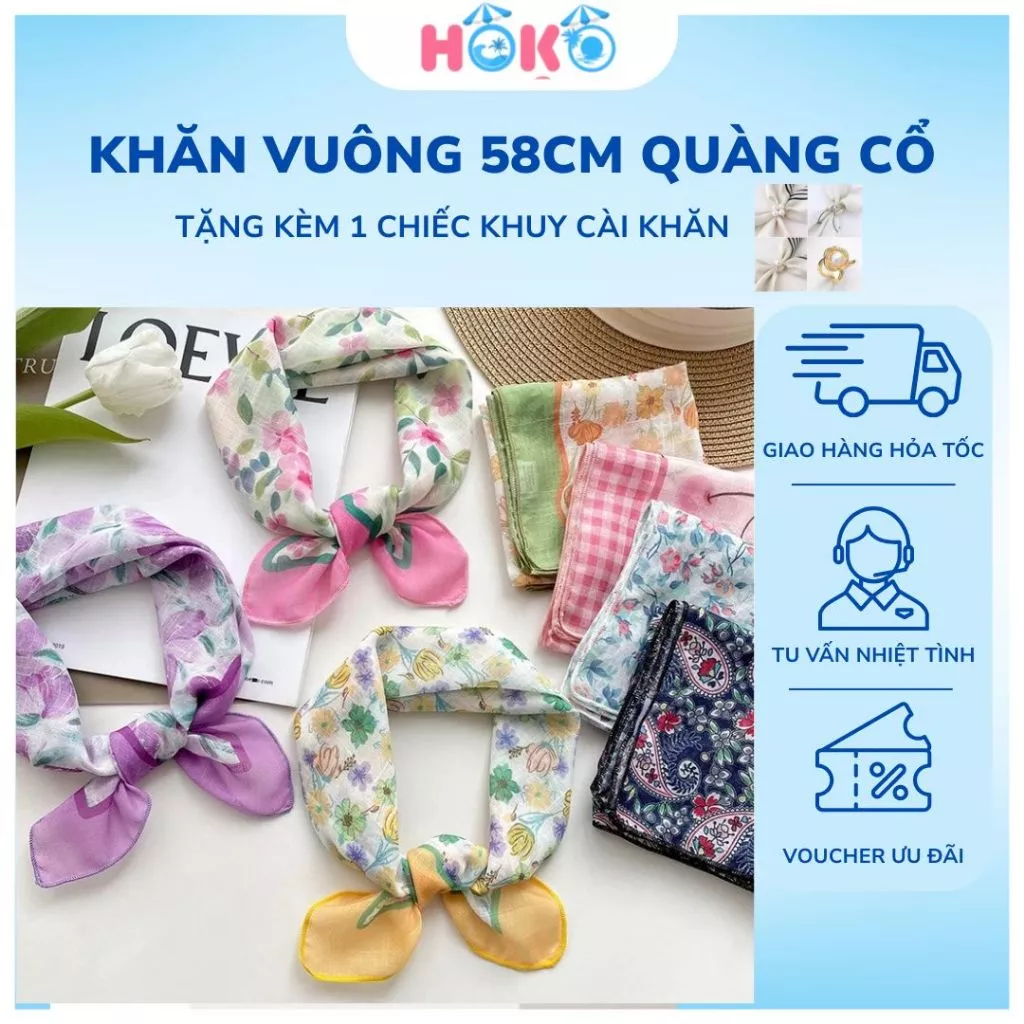 Khăn vuông choàng cổ vải cotton và lanh HOKO khăn trùm đầu dành cho phái nữ phong cách Hàn Quốc 58cm