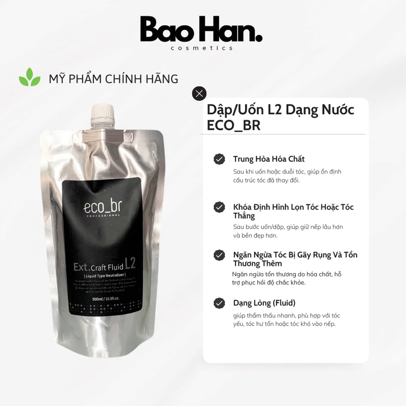 DẬP/UỐN L2 DẠNG NƯỚC ECO BR 500ML - THUỐC ĐỊNH HÌNH TÓC UỐN CAO CẤP, GIÚP SÓNG TÓC CĂNG MỀM, BÓNG MƯỢT