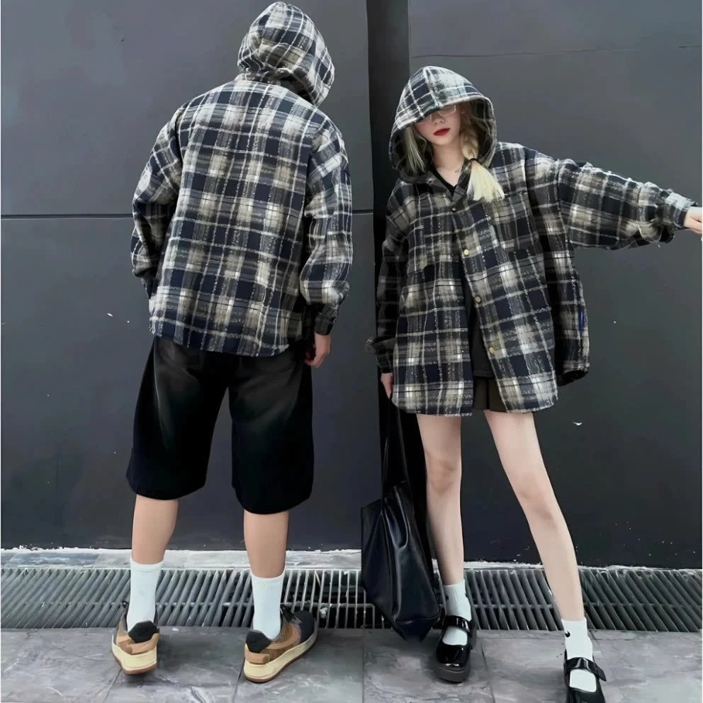 Áo Sơ Mi Caro Khoác Ngoài Flannel Có Nón Unisex Nam Nữ Áo Tay Dài Nút Bấm Chắc Chắn