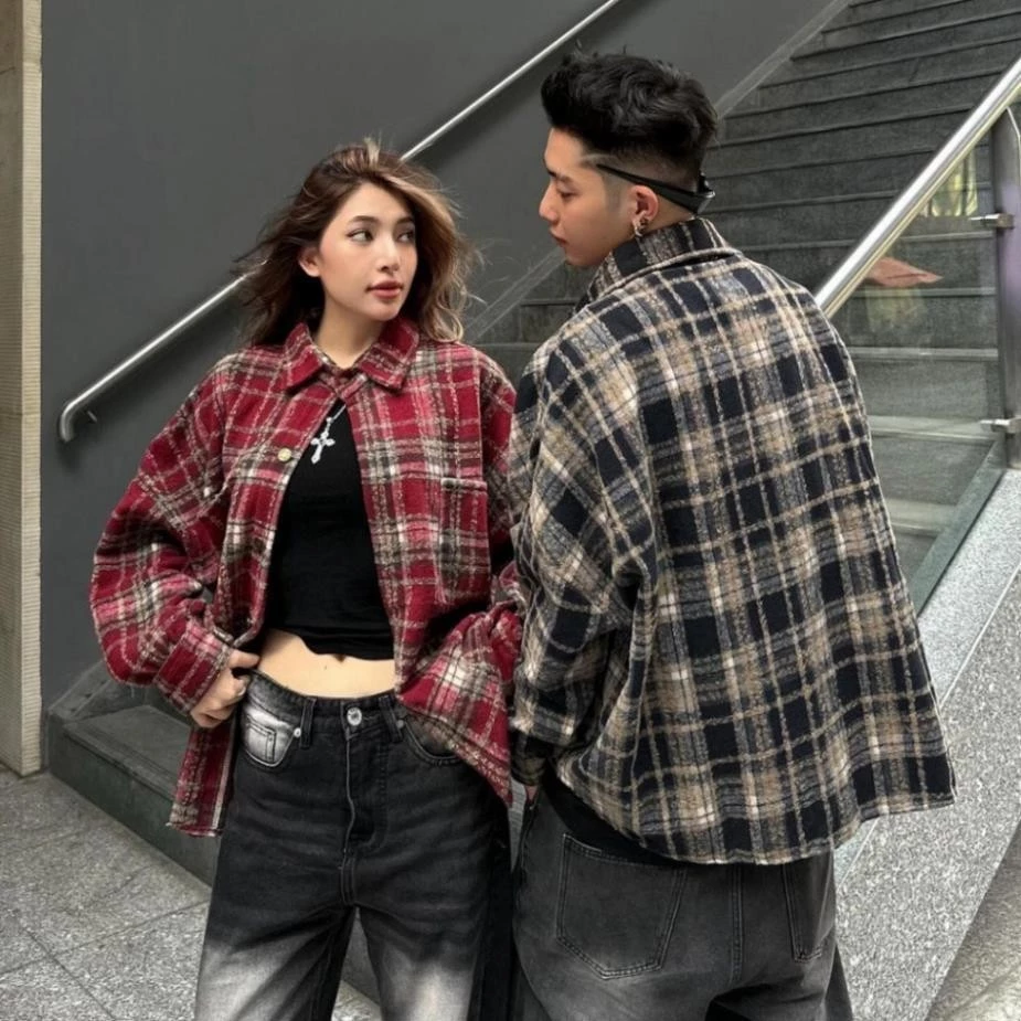 Áo Sơ Mi Flannel Khoác Ngoài Có Cổ Bẻ Tay Dài Form Rộng Nam Nữ Unisex