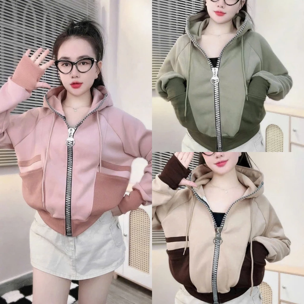 Áo Khoác Nỉ DÂY KÉO TO Chống Nắng Mới TÚI Màu Viền Sọc MÀU NHƯ HÌNH