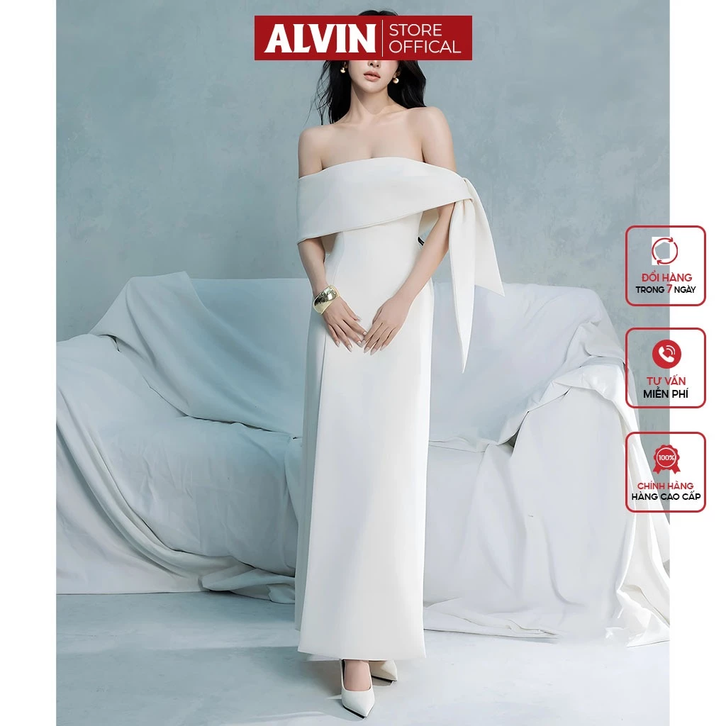 Đầm dự tiệc dáng dài vai ngang cúp cột nơ Alvin Store 2955