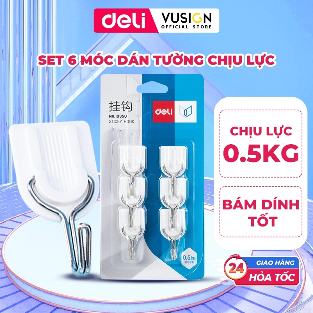 Set 6 Móc Dán Tường Siêu Dính DELI Combo 6 Móc Dính Cường Lực Móc Treo Đồ Chắc Chắc Không Cần Khoan