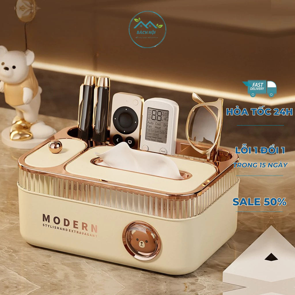 Hộp đựng hình gấu đa năng để bàn sang trọng, Hộp đựng giấy lau điều khiển mỹ phẩm, bút