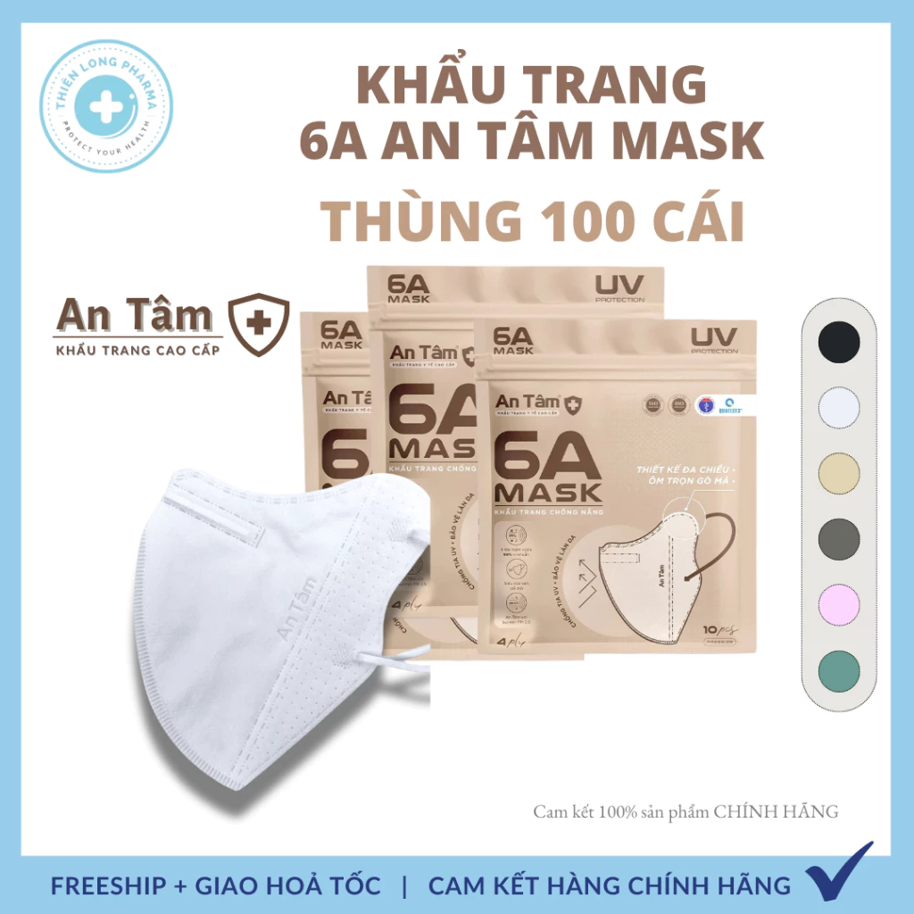 [Thùng 100 Cái] Khẩu trang 6A An Tâm 4 lớp chống nắng tia uv ôm hết mặt đa dạng màu sắc chính hãng