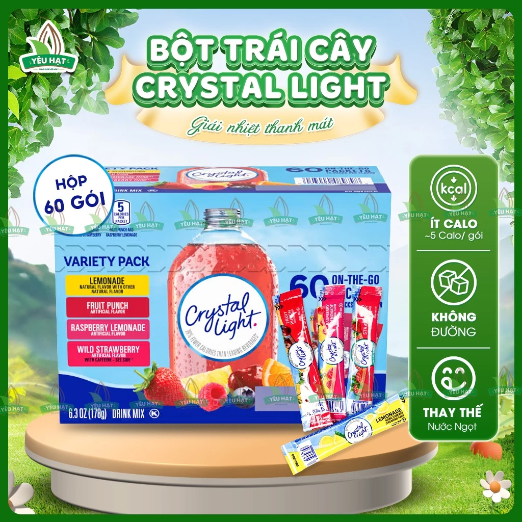 [HỘP NGUYÊN] Bột Trái Cây Mix 4 Vị Không Đường Ít Calo Crystal Light - Giải Khát Mát Lành Yêu Hạt