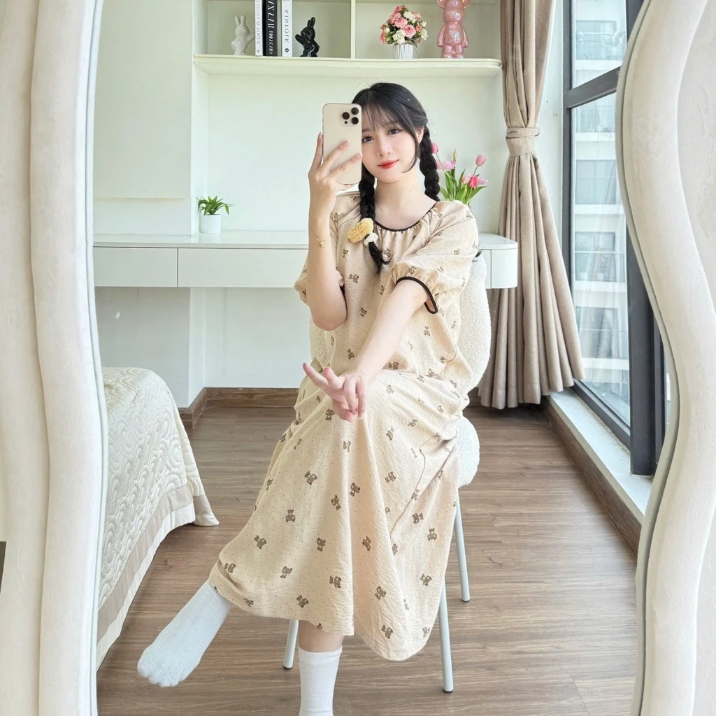 Bộ Váy Ngủ Cổ Tròn NT9 Dáng Suông, phù hợp mặc ở nhà hoặc đi chơi - đồ ngủ Nana