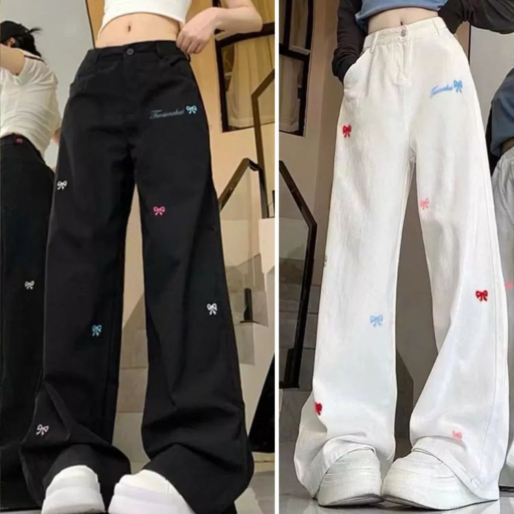 Quần xuông Bigsize nữ kaki họa tiết nơ thêu xinh lưng cao tôn dáng thời trang size 50-95kg - Q543