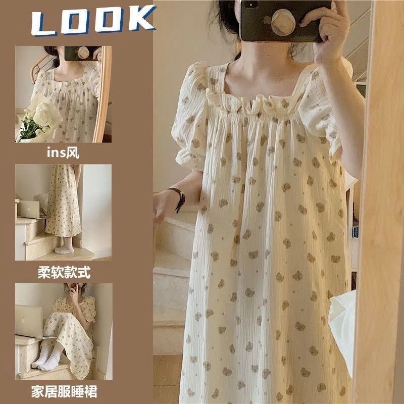 𝓓𝓪𝓲𝓵𝓲𝓵𝔂 𝓼𝓱𝓸𝓹 Đầm ngủ in hình gấu cổ vuông tay phồng bo chun chất liệu Cotton nhăn vàng/xanh dương