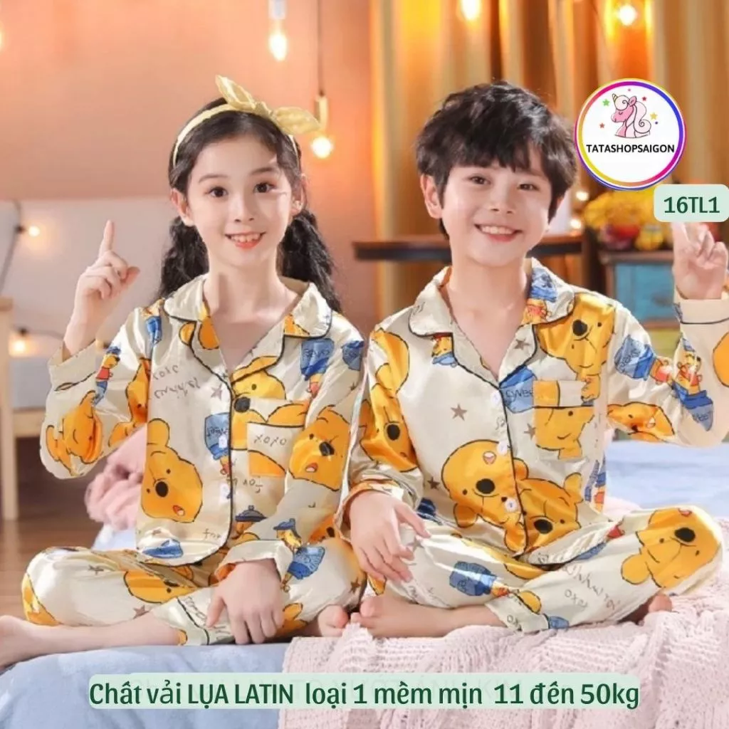 [12 đến 50kg] Bộ đồ ngủ tay dài cho bé trai bé gái lụa LATIN bóng cao cấp- Bộ pijama cho bé 16T