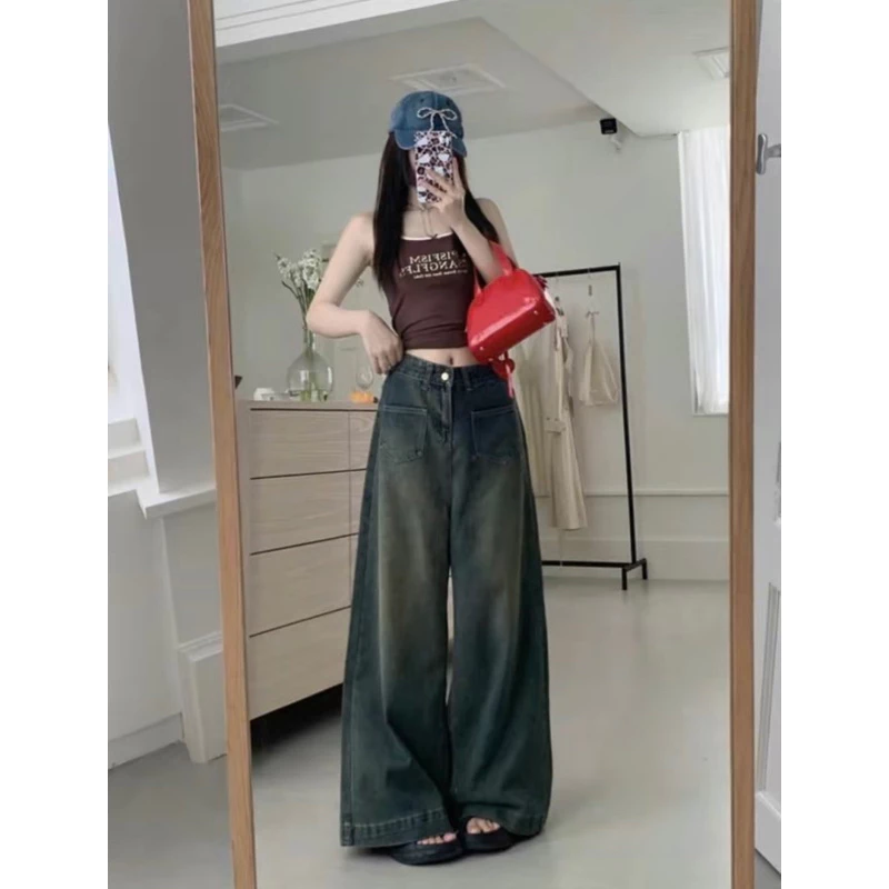 Quần jeans suông ống rộng gấu to lưng cao phong cách trẻ trung