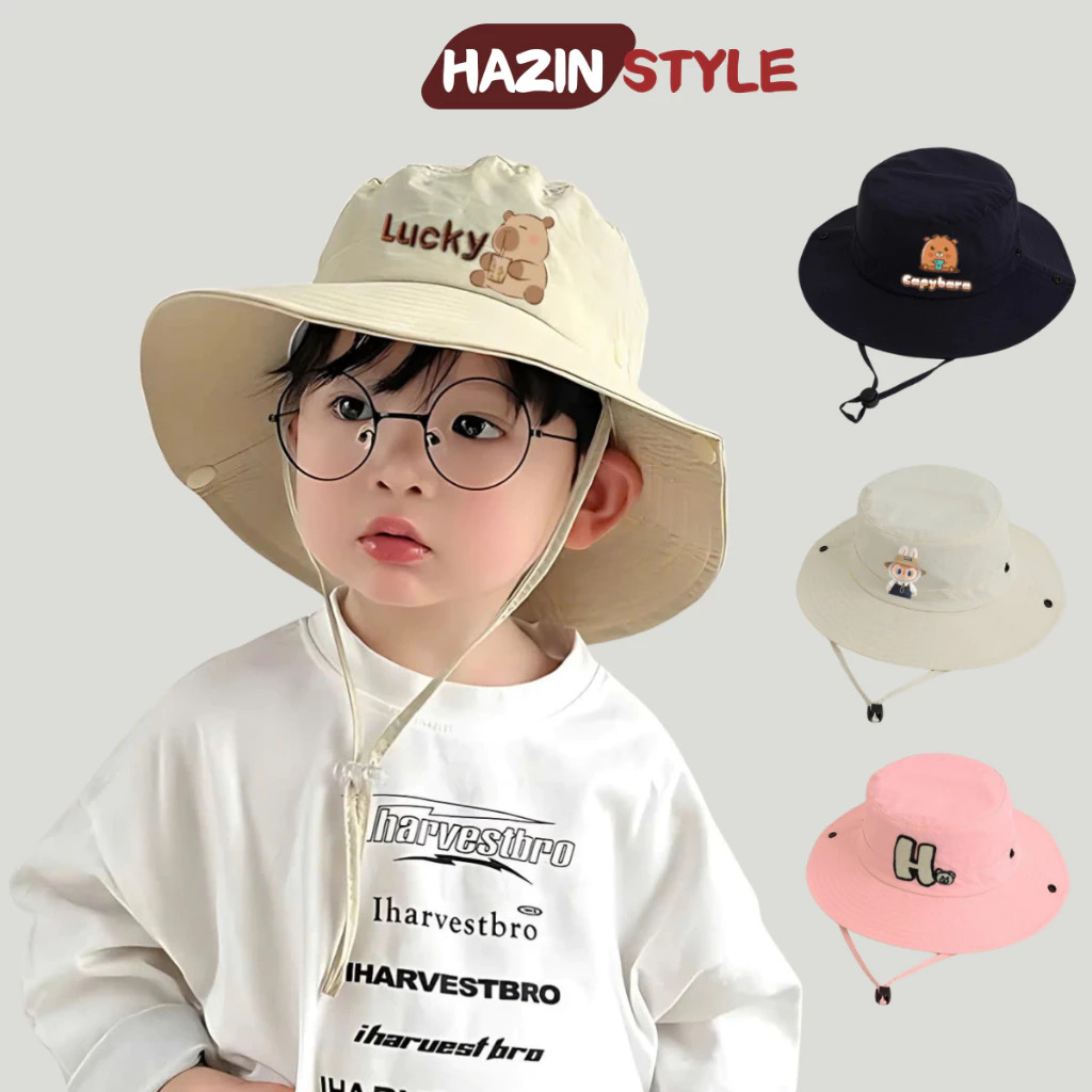 Mũ cao bồi cho bé HAZIN mũ rộng vành thêu chữ, nón tai bèo 2 lớp vải KAKI cho bé trai bé gái từ 3-10 tuổi siêu cá tính