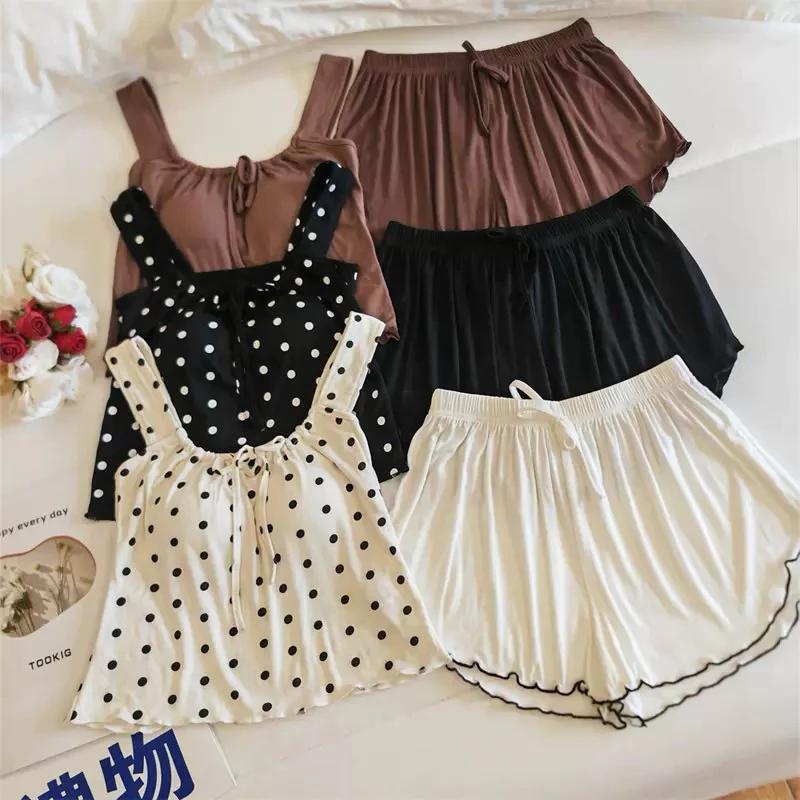 Bộ Đồ Ngủ Nữ Có Lót Ngực - Set Áo 2 Dây & Quần Short Mặc Ở Nhà Mùa Hè Dáng Xòe Dễ Thương] mùa hè 2025 hàng quảng châu