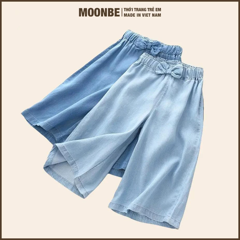[Size 10-53kg] Quần Jean Bò Giấy Cho Bé Gái Ống Suông Rộng Dáng Lửng Thời Trang Trẻ Em MOONBE Bò Đính Nơ