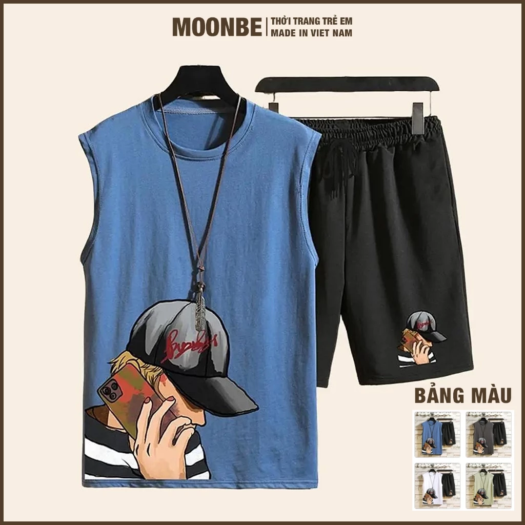 [Size 11-65kg] Set Bộ Quần Áo Ba Lỗ Cho Bé Trai Sát Nách Chất Cotton Thời Trang Trẻ Em MOONBE - Bộ Thể Thể Thao HIPHOP