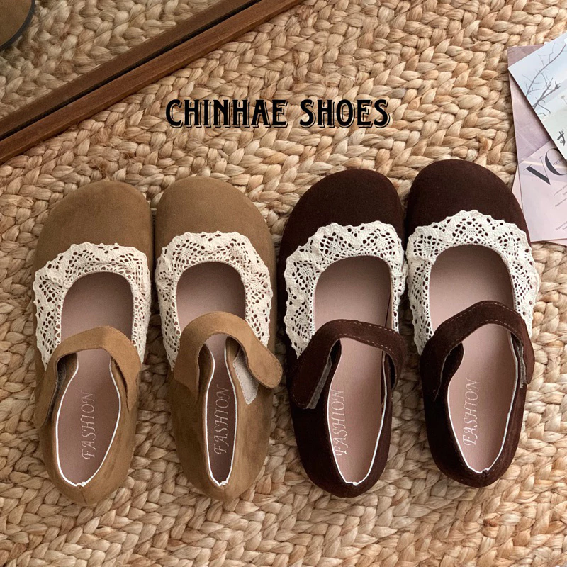 Giày búp bê da lộn phối ren siêu mềm dẻo đế bệt phong cách retro vintage cho nữ đi chơi du lịch party cute G087