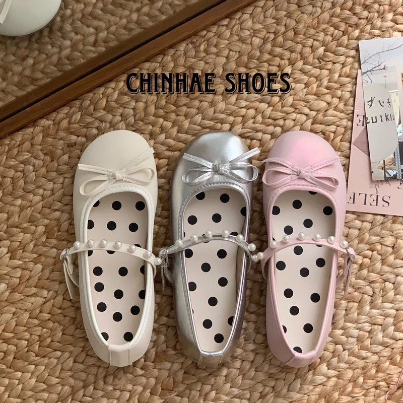 Giày búp bê nơ đế bệt quai ngang đính trai mũi tròn siêu mềm êm dẻo phong cách tiểu thư retro nữ hằng ngày du lịch G092