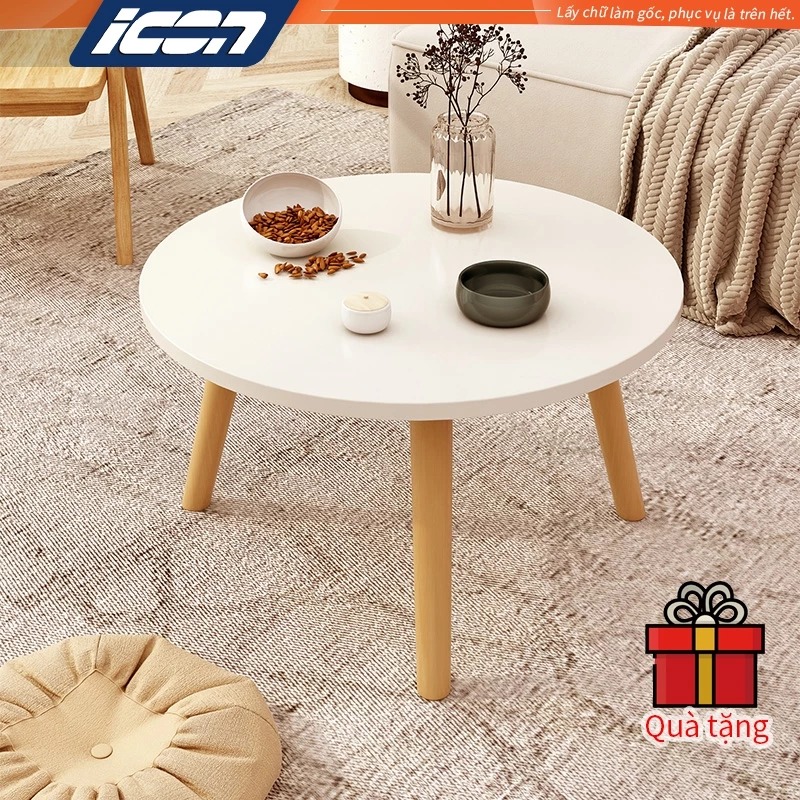Bàn Trà Tròn Sofa Ngồi Bệt ICON - Chân Gỗ Tự Nhiên, Phong Cách Vintage, Decor Phòng Ngủ Siêu Xinh