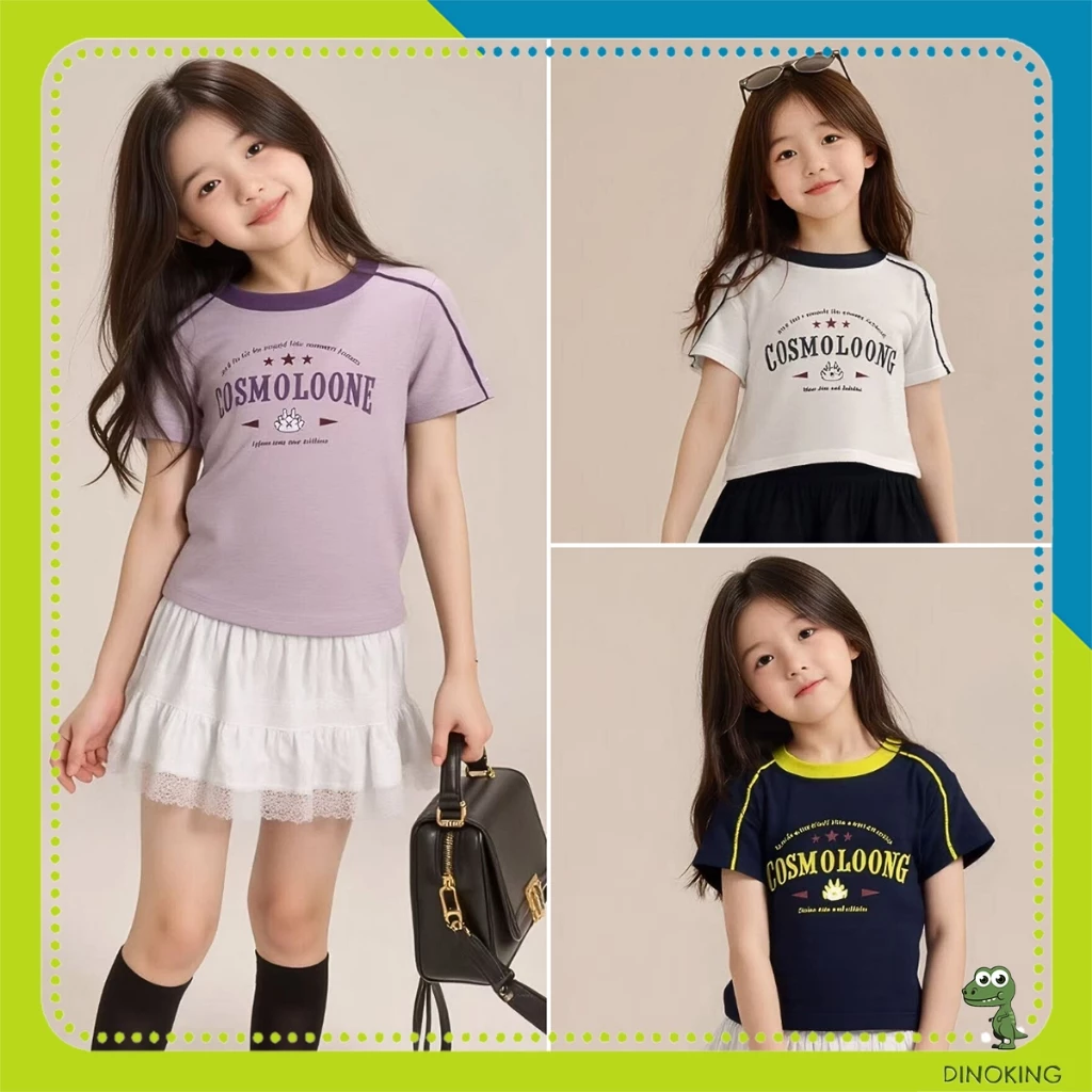 Áo thun croptop bé gái DINOKING Áo cộc tay cho bé gái chất cotton co giãn phong cách năng động trẻ em 2 - 11 tuổi AT74
