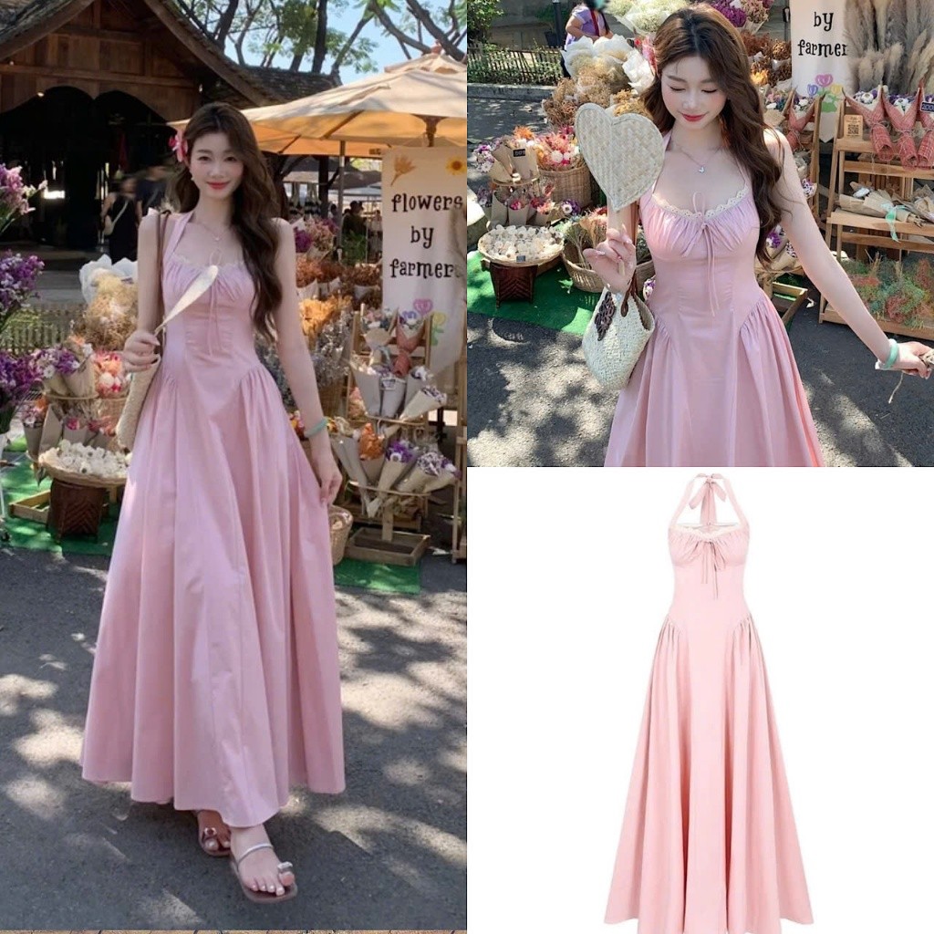 Váy Nữ Cổ Yếm Phối Viền Ren Thắt Nơ Nhẹ Nhàng Chiết Eo Maxi Dáng Xoè Tone Hồng Nàng Thơ