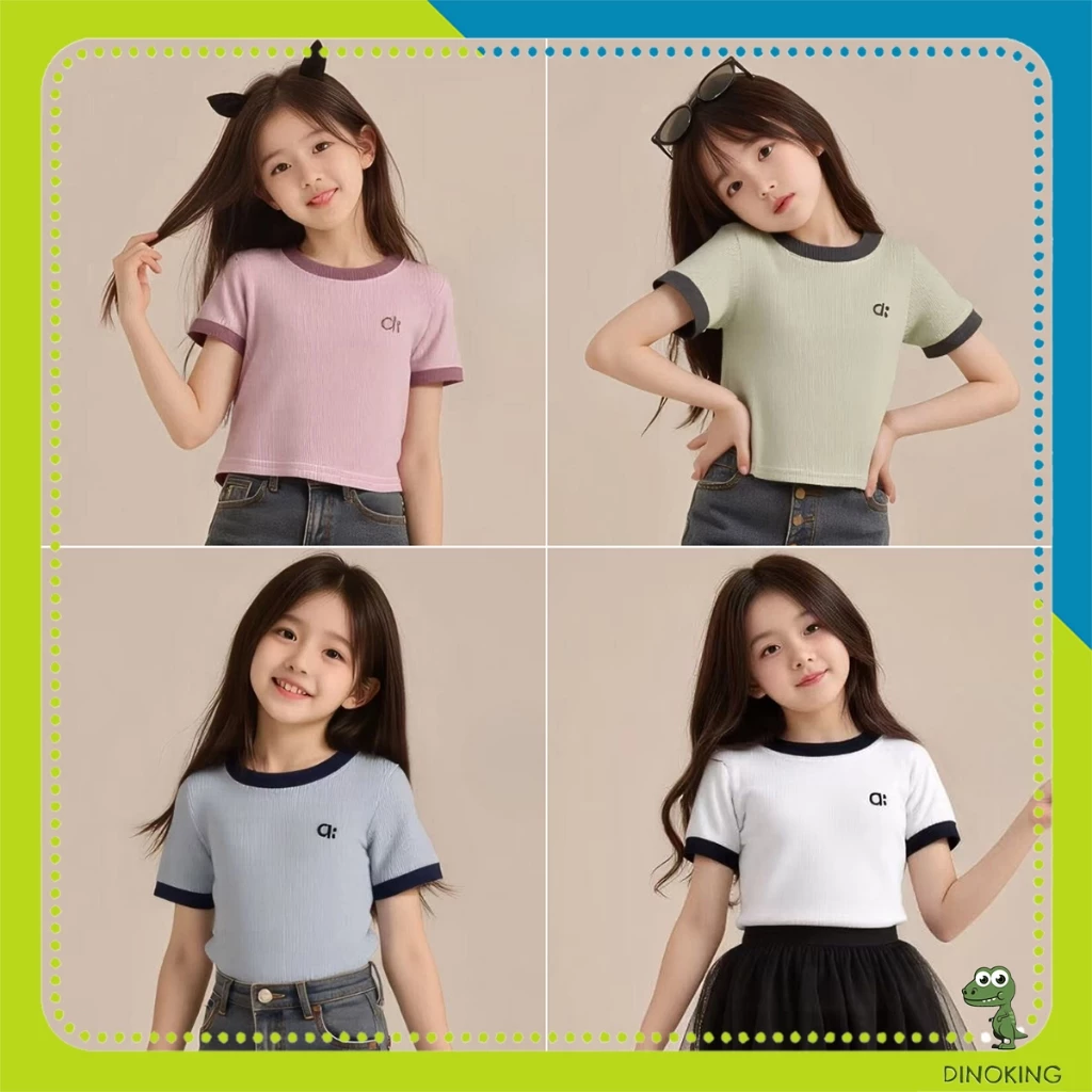 Áo thun trơn bé gái DINOKING Áo cộc tay cho bé gái dáng croptop chất thun tăm lạnh mùa hè kiểu Hàn Quốc 2 - 11 tuổi AT75
