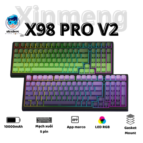 Bàn Phím Cơ Xinmeng X98 Pro 3 Mode Không Dây Bluetooth Led RGB - Mạch xuôi - App Marco - Phím PBT - Hotswap