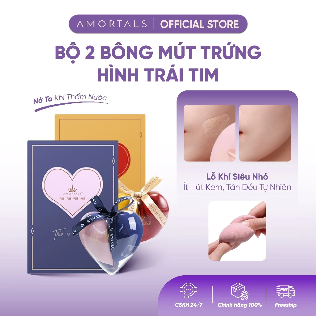 Bộ 2 Bông Mút Amortals Trái Tim Giọt Nước Mềm Mịn, Đàn Hồi, Đánh Nền Kèm Hộp Và Khay Đựng