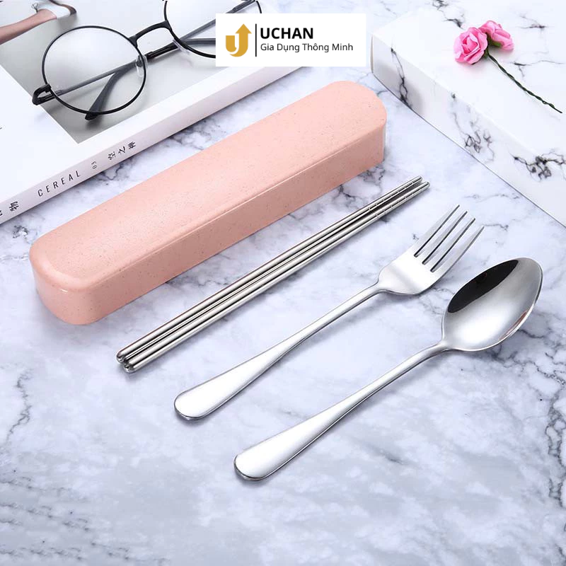 Bộ muỗng đũa cá nhân Hộp đựng đũa thìa Uchan Bộ thìa,đũa muỗng Nĩa inox 304