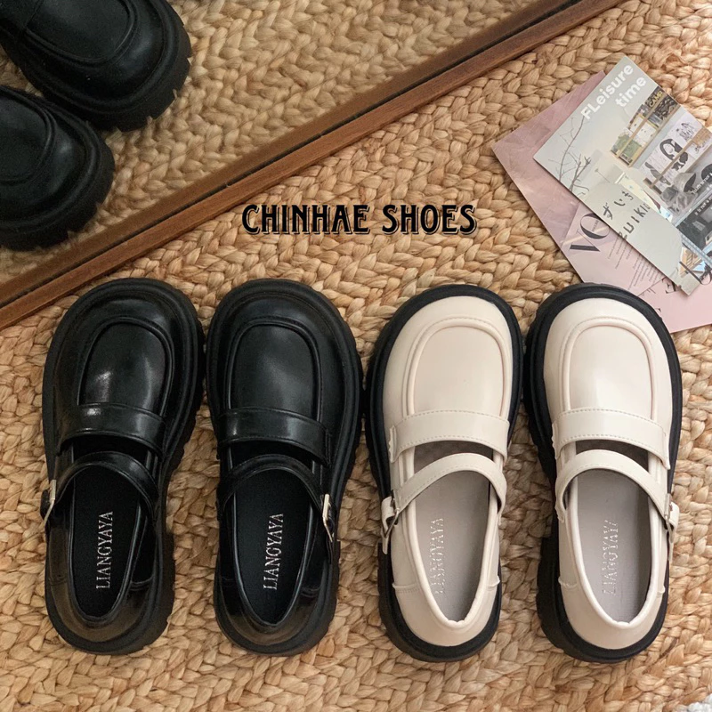 Giày loafer da pu quai ngang cho khuy trơn basic đế răng cưa tăng chiều cao 4cm nữ phong cách retro Ulzzang dạo phố G054