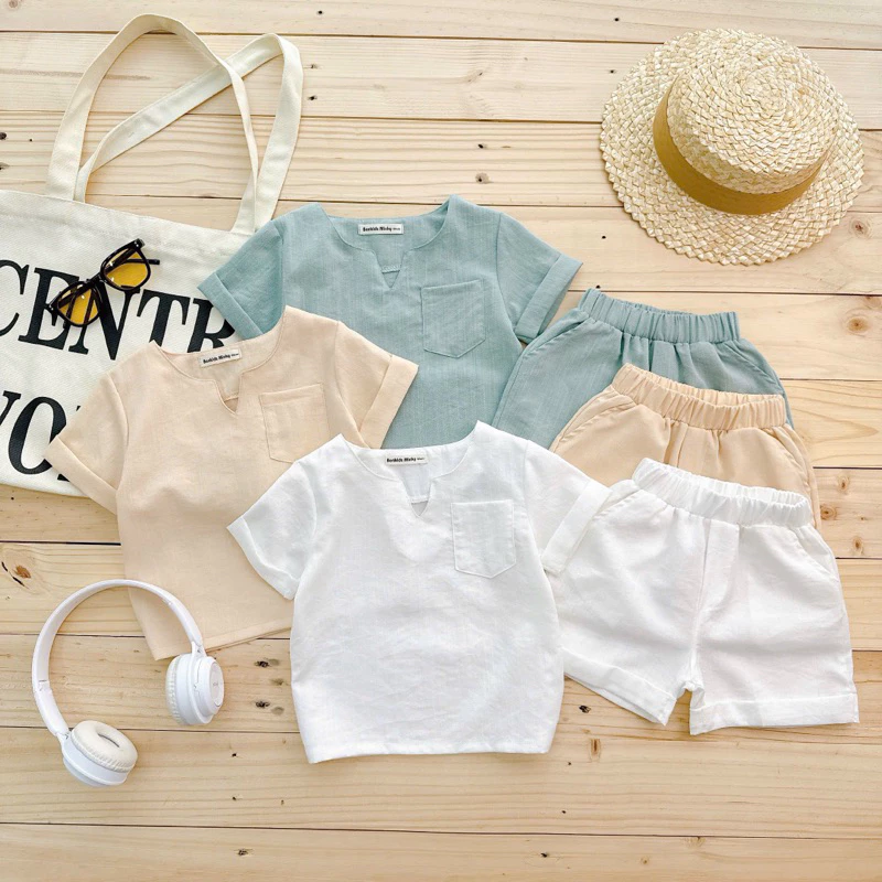 [BK-05] TẶNG MẮT KÍNH Bộ Cộc Tay Bé Trai Đi Biển, Chất Vải Linen Cao Cấp, Phong Cách Hàn Quốc Cho Bé 9-21kg