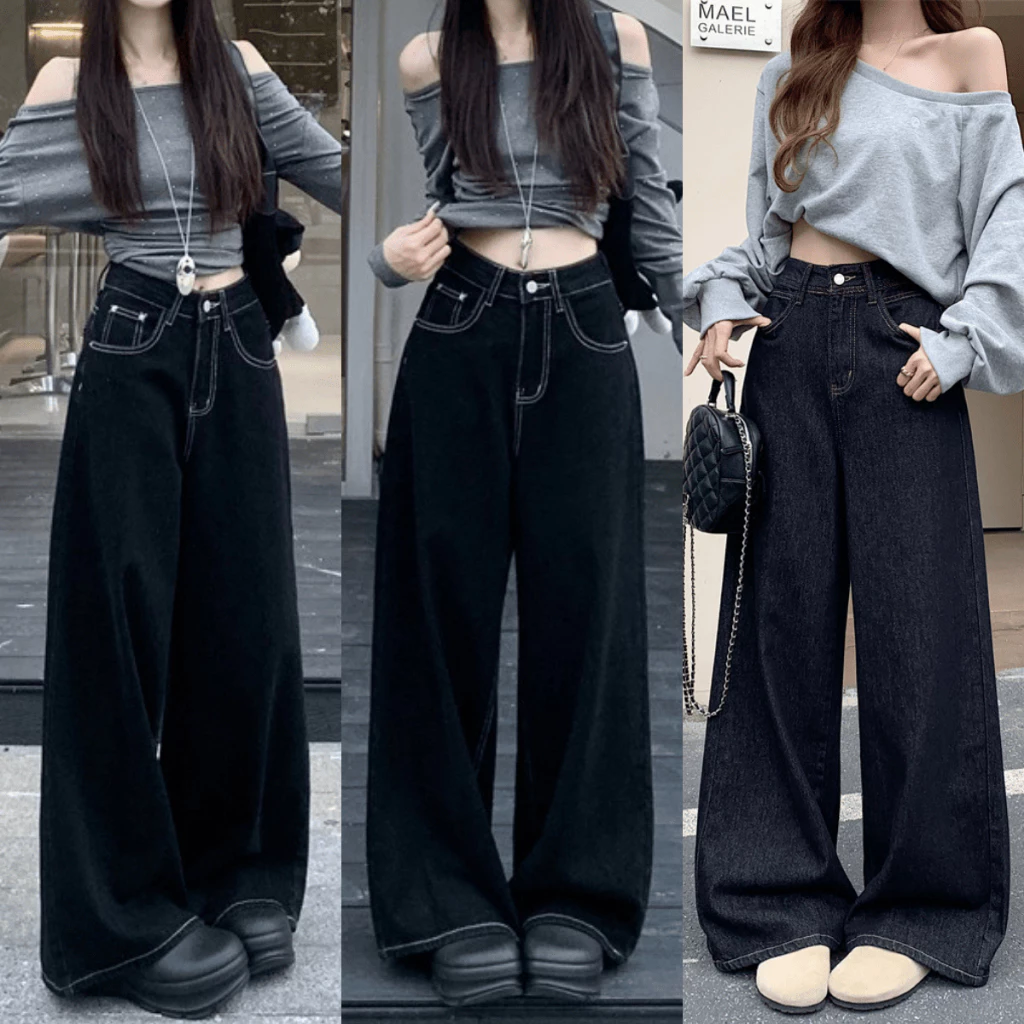 Quần Jean Nữ Xanh Than Đậm Chỉ Nổi Dáng Suông Ống Rộng 28CM Quần Bò Jean Mềm Chỉ Nổi Lưng Cao Ôm Eo Tôn Dáng MIAA