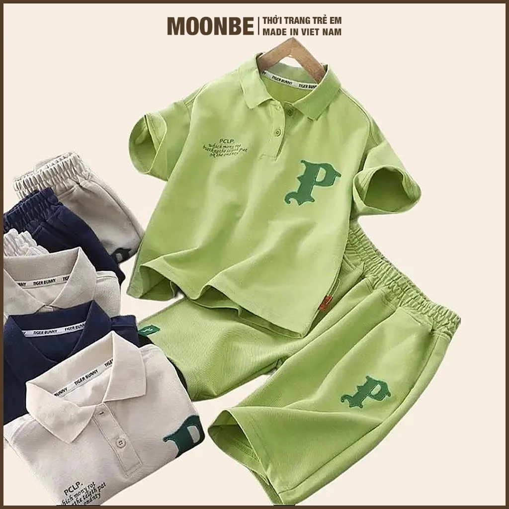 [Size 15-65kg] Set Bộ Quần Áo Polo Cho Bé Trai Bé Gái Chất Liệu Cotton Thời Trang Trẻ MOONBE Polo Cộc Tay Chữ P