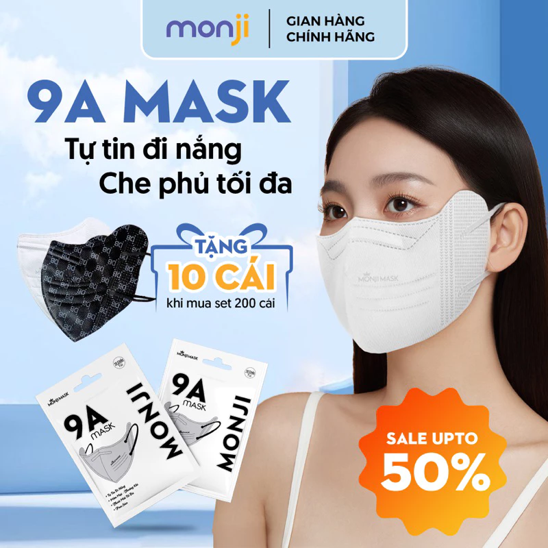 Thùng 200-100 chiếc Khẩu Trang 9A Monji 5 Lớp Than Hoạt Tính Hỗ Trợ Chống Nắng Và Lọc Bụi Che Phủ Rộng