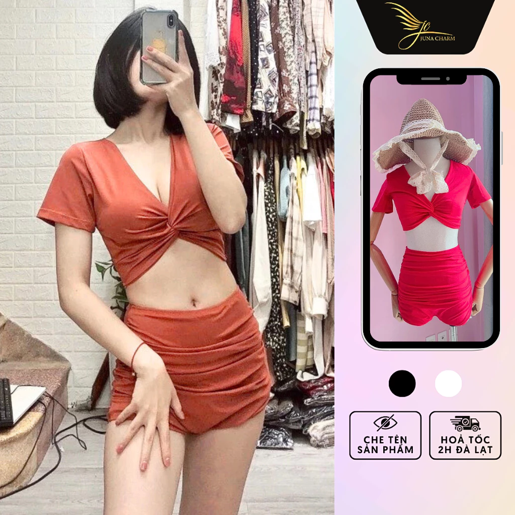 Bikini 2 Mảnh, Đồ Bơi Nữ Đi Biển Tay Cộc Áo Xoắn Ngực Quần Cạp Cao Nhiều Màu JUNA Freesize, Chất Vải Thun Cao Cấp/SP2879