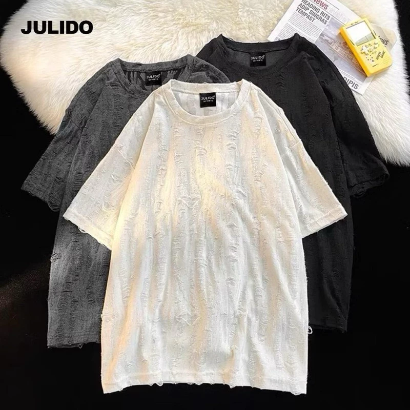 Áo xước rách trơn phong cách  Unisex Cổ Tròn form rộng free size dưới 70kg Cotton RAch Trơn